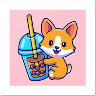 Cute Corgi Dog With Bubble Milk Tea Cartoon Posters and Art